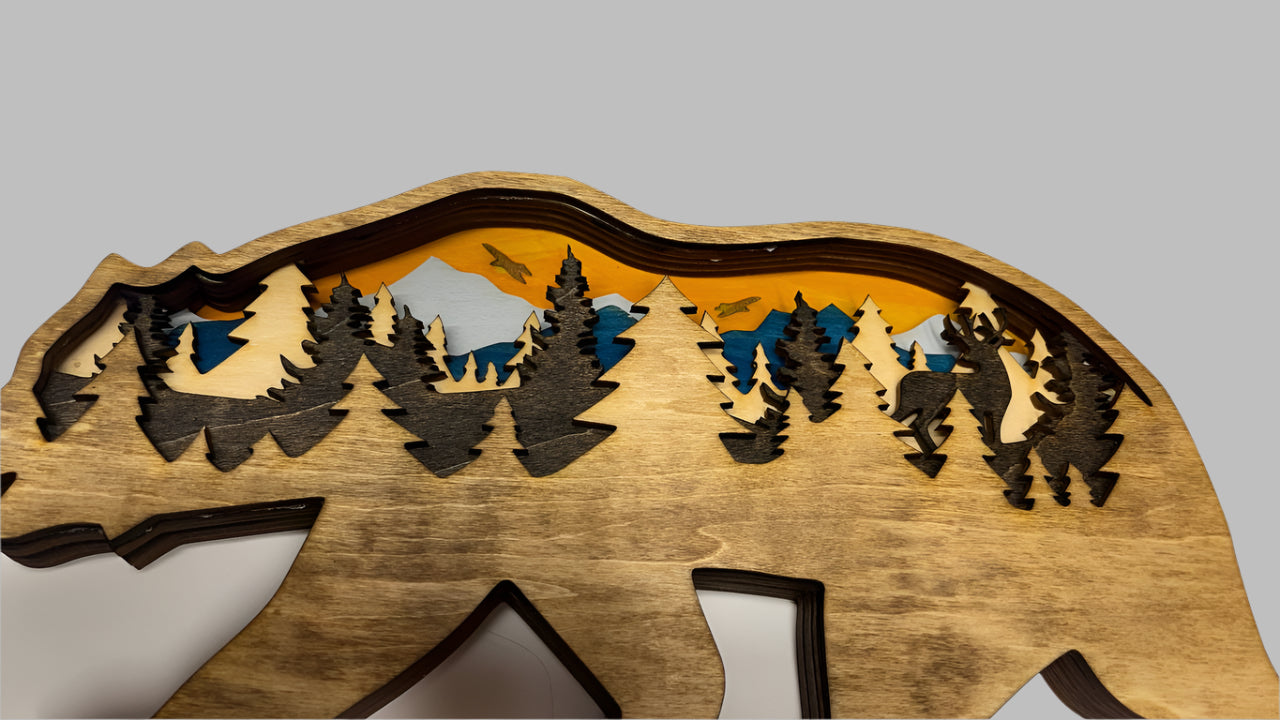 Hand-Painted 6-Layer Bear with Mountain & Tree Scene Wood Décor