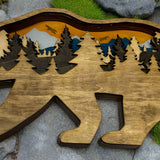 Hand-Painted 6-Layer Bear with Mountain & Tree Scene Wood Décor