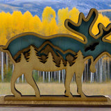 Hand-Painted 3-Layer Moose with Mountain Scene Wood Décor