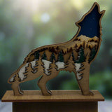 Hand-Painted 4-Layer Howling Wolf Wood Décor