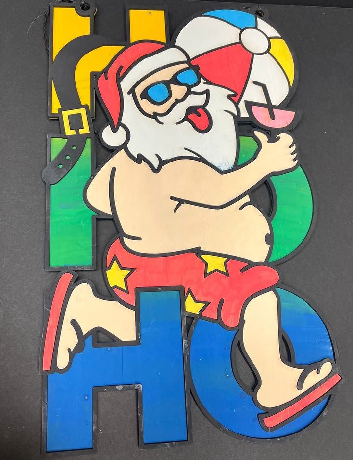 Beach Santa Door Hanger – Coastal Christmas Wall Art with HO HO HO