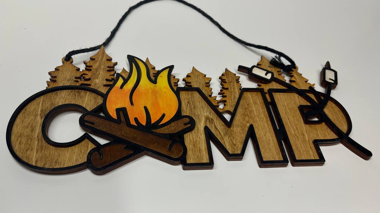 Hand-Painted Wooden "CAMP" Sign – Rustic Campfire & Marshmallow Decor