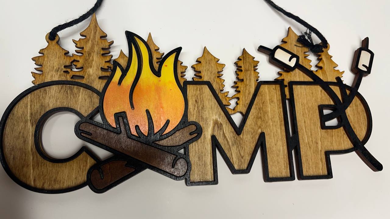 Hand-Painted Wooden "CAMP" Sign – Rustic Campfire & Marshmallow Decor