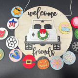 Jeep Seasonal Welcome Sign – 12" Round with 15 Interchangeable Spare Tire Designs