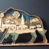 Hand-Painted 7-Layer Bison with Mountains, Trees & Wildlife Wood Décor