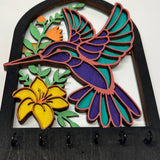 Hand-Painted Hummingbird Key Holder – 3D Wooden Wall Organizer with 6 Hooks