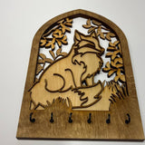 Rustic Fox Key Holder – Hand-Painted Wooden Wall Organizer with 6 Hooks for Keys, Leashes & Accessories