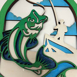 Rustic Fishing Key Holder – Hand-Painted Wooden Fisherman & Fish Wall Organizer with 6 Hooks
