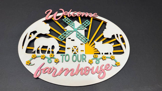 Welcome to Our Farmhouse Sign | Rustic Farmhouse Wall Decor | Farm Animal & Windmill Wooden Sign