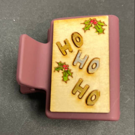 Small Christmas Hair Claw Clip – Hand-Painted Wood with Holly Leaves & Ho Ho Ho