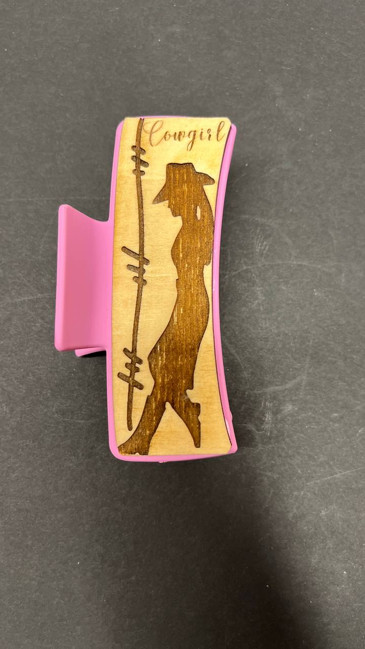 Cowgirl Hair Claw Clip – Western Wooden Hair Accessory with Cowgirl Silhouette & Barbed Wire Fence