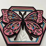 5-Layer Wooden Butterfly Hexagon Decor – Hand-Painted 3D Wall Art with Etched Acrylic Flowers – Nature-Inspired Shelf Sitter or Wall Hanging