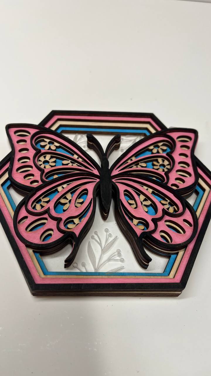 5-Layer Wooden Butterfly Hexagon Decor – Hand-Painted 3D Wall Art with Etched Acrylic Flowers – Nature-Inspired Shelf Sitter or Wall Hanging