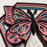 5-Layer Wooden Butterfly Hexagon Decor – Hand-Painted 3D Wall Art with Etched Acrylic Flowers – Nature-Inspired Shelf Sitter or Wall Hanging