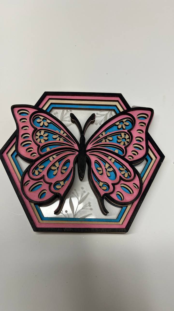 5-Layer Wooden Butterfly Hexagon Decor – Hand-Painted 3D Wall Art with Etched Acrylic Flowers – Nature-Inspired Shelf Sitter or Wall Hanging