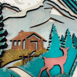 Wooden Mountain Cabin & Wildlife Hexagon | 3D Layered Wall Art | Rustic Lodge Decor | Nature Scene Shelf Sitter