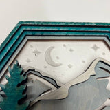 Wooden Mountain Cabin & Wildlife Hexagon | 3D Layered Wall Art | Rustic Lodge Decor | Nature Scene Shelf Sitter