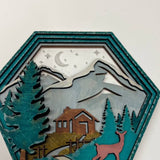 Wooden Mountain Cabin & Wildlife Hexagon | 3D Layered Wall Art | Rustic Lodge Decor | Nature Scene Shelf Sitter