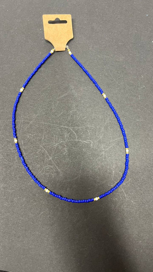 Royal Blue and Silver Beaded Necklace – Handmade Seed Bead Jewelry with Metal Clasp