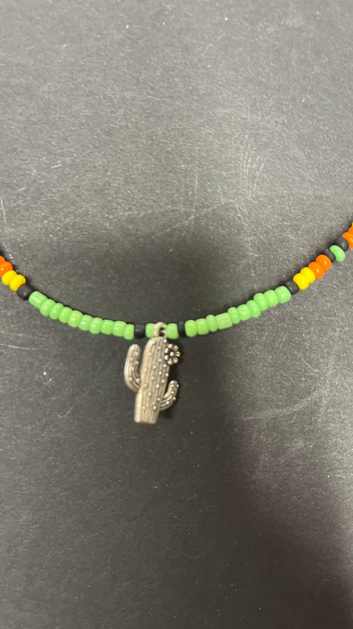 Handmade Green Beaded Necklace with Cactus Charm – Southwestern Seed Bead Jewelry