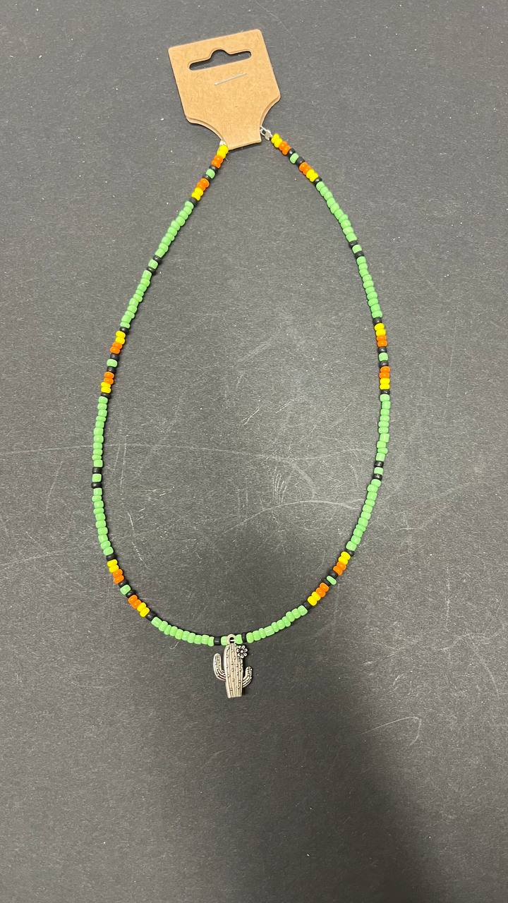 Handmade Green Beaded Necklace with Cactus Charm – Southwestern Seed Bead Jewelry