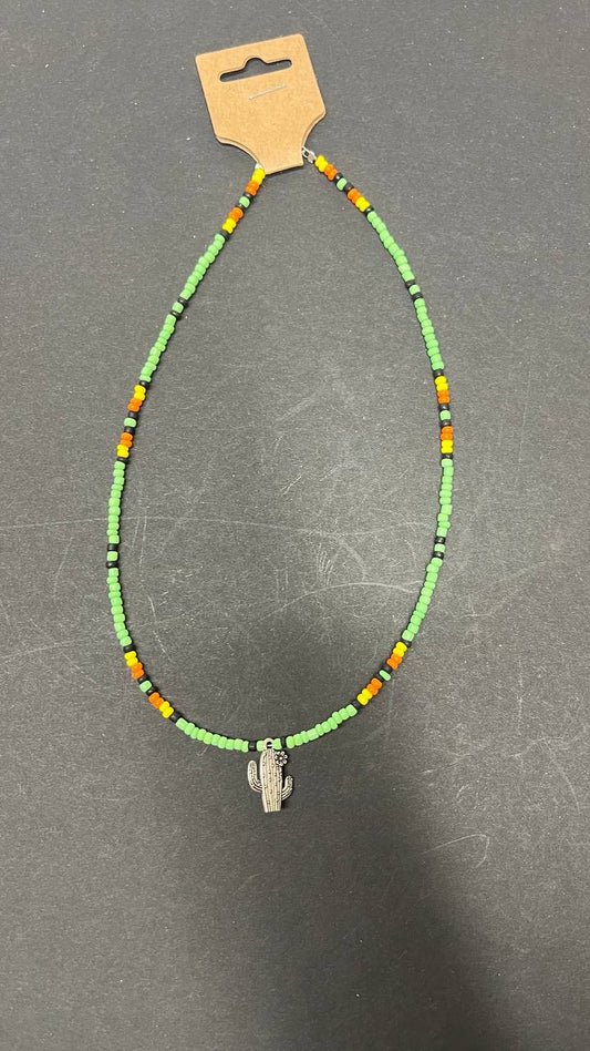 Handmade Green Beaded Necklace with Cactus Charm – Southwestern Seed Bead Jewelry