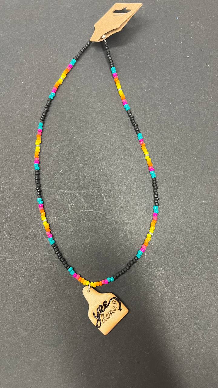 Handmade Black Beaded Necklace with Yee Haw Wood Charm – Western Boho Jewelry