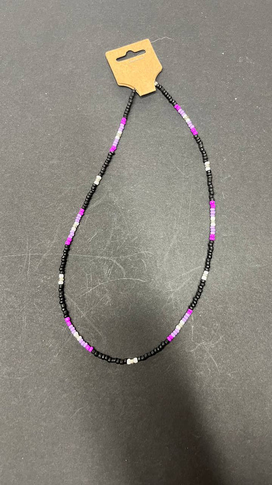 Handmade Black Beaded Necklace with Purple, White, and Clear Accent Beads – Elegant & Stylish Jewelry