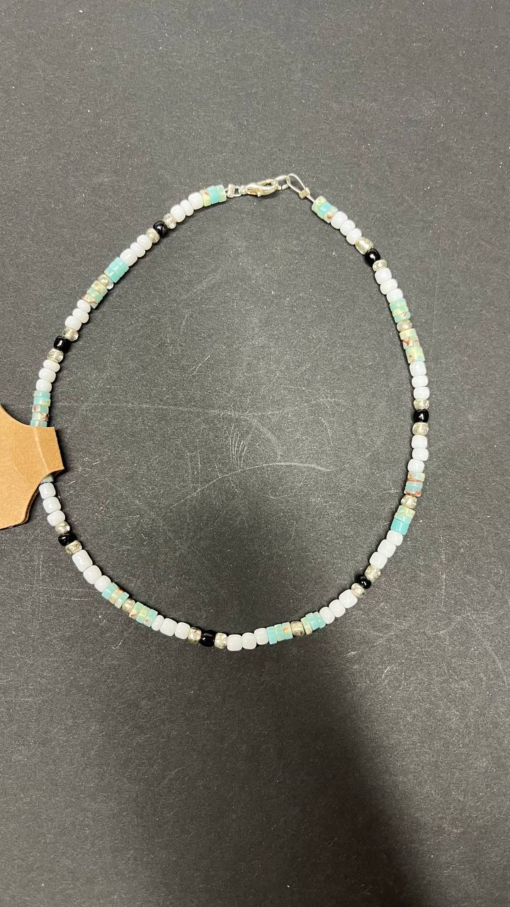 Handmade White Beaded Necklace with Black, Clear, and Turquoise Accent Beads – Minimalist & Stylish Jewelry