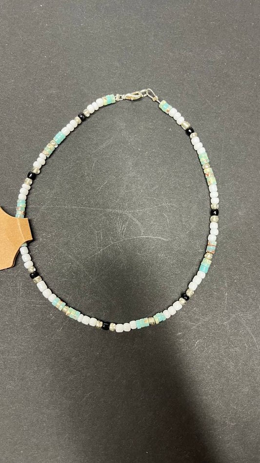 Handmade White Beaded Necklace with Black, Clear, and Turquoise Accent Beads – Minimalist & Stylish Jewelry