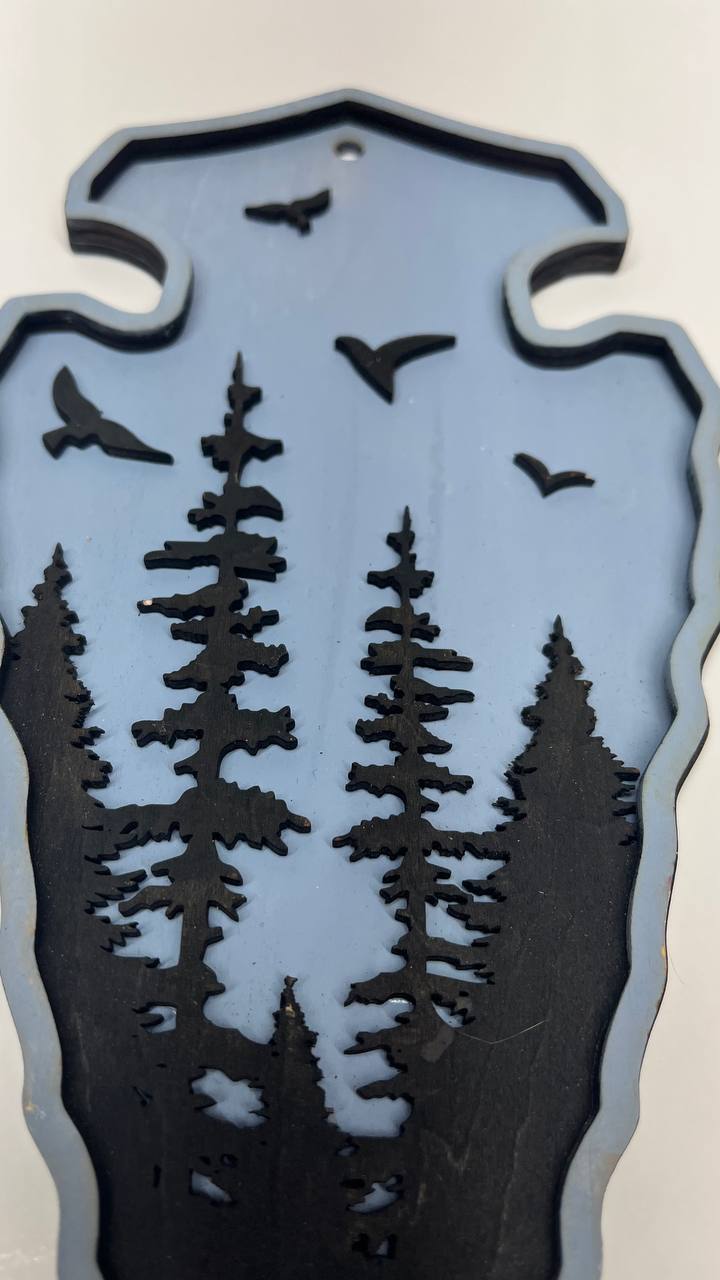 Hand-Painted 2-Layered Arrowhead with Forest & Flying Birds – Rustic Nature Wall Art