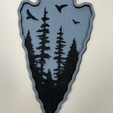 Hand-Painted 2-Layered Arrowhead with Forest & Flying Birds – Rustic Nature Wall Art