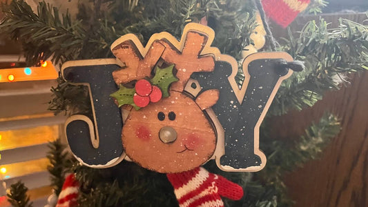 JOY Reindeer Ornament with Tealight Nose – 3D Layered Wood Christmas Tree Decor – Rustic Holiday Hanging Decoration