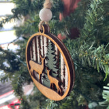 Mama & Baby Deer Ornament – 3.25” Round Layered Wood Wildlife Ornament – Rustic Forest Christmas Tree Decor
