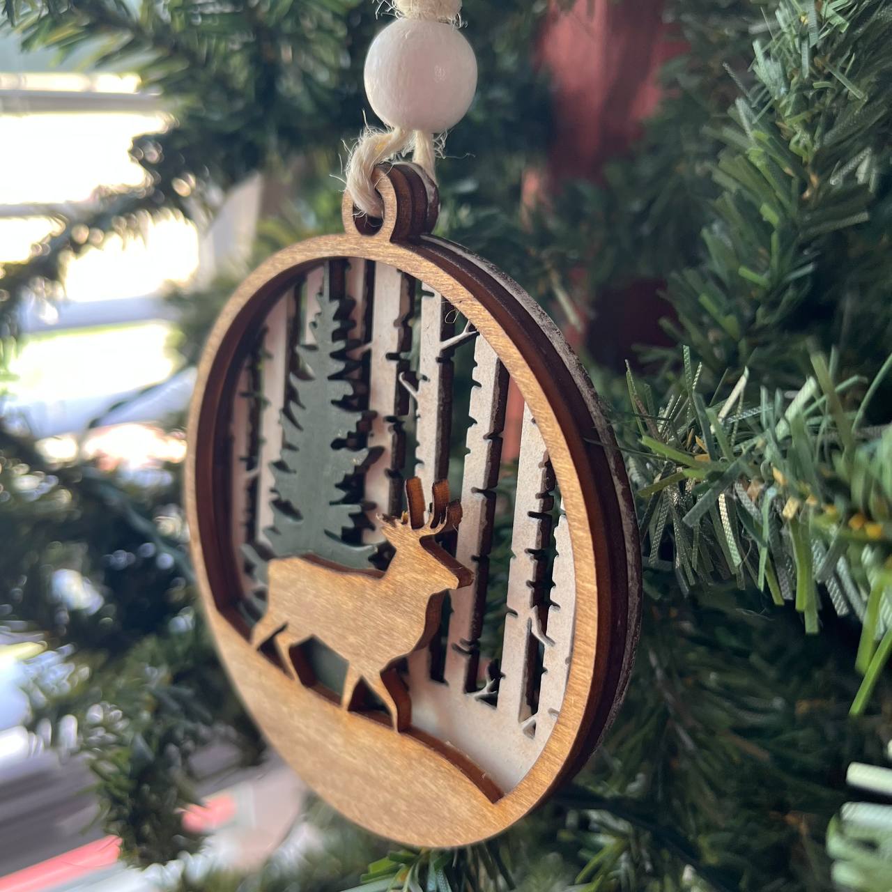 Deer Duo Ornament Set – 2-Piece Layered Wood Wildlife Ornaments – Rustic Buck and Mama & Baby Deer Christmas Tree Decor