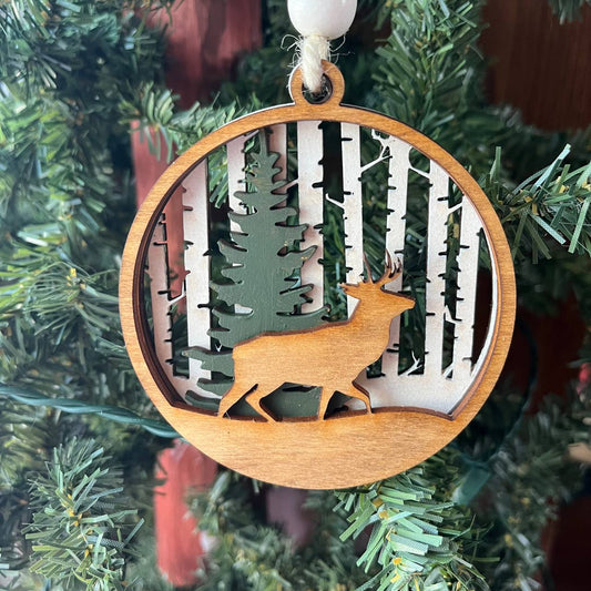 Layered Wood Deer Ornament – Rustic Forest Wildlife Christmas Tree Decoration – Handmade Nature-Inspired Holiday Ornament