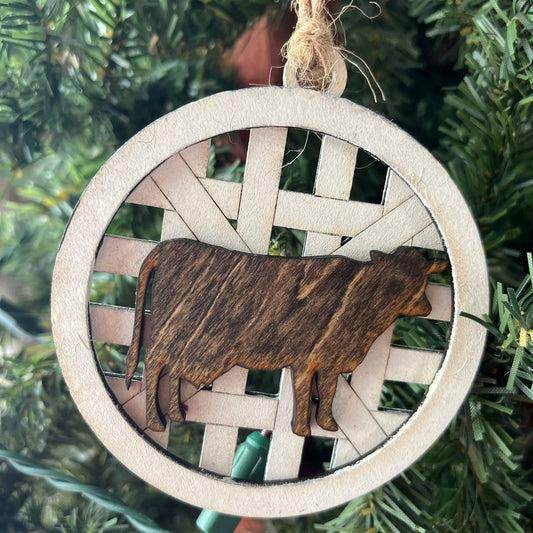 Rustic Cow Ornament – 3.25" Round Layered Wood Farmhouse Christmas Tree Decoration – Barn Quilt Inspired Ornament