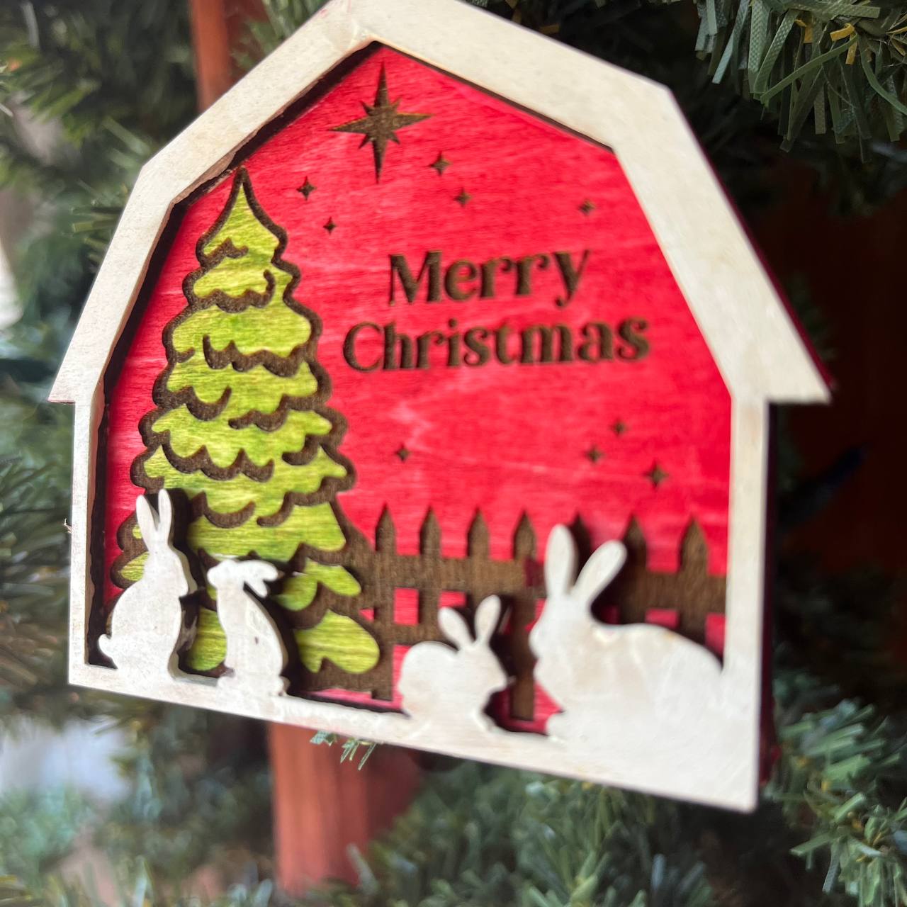 Merry Christmas Barn Ornament – 3.25" Tall Layered Wood Tree Decor with Bunnies & Tree – Farmhouse Holiday Ornament
