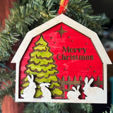 Merry Christmas Barn Ornament – 3.25" Tall Layered Wood Tree Decor with Bunnies & Tree – Farmhouse Holiday Ornament