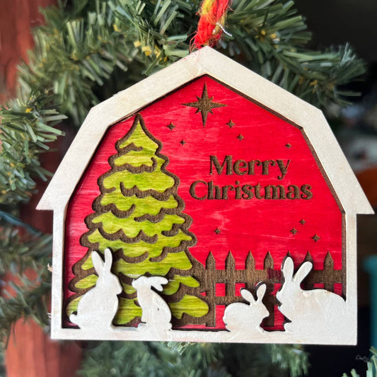 Merry Christmas Barn Ornament – 3.25" Tall Layered Wood Tree Decor with Bunnies & Tree – Farmhouse Holiday Ornament