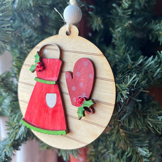 Apron & Oven Mitt Ornament – 3.25" Round Layered Wood Baking Christmas Tree Decor – Holiday Kitchen Ornament