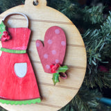 Apron & Oven Mitt Ornament – 3.25" Round Layered Wood Baking Christmas Tree Decor – Holiday Kitchen Ornament