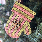 Knitted Mitten Christmas Ornament – 3.5" Tall Layered Wood Ornament with Faux Knit Texture and Snowflake Accent