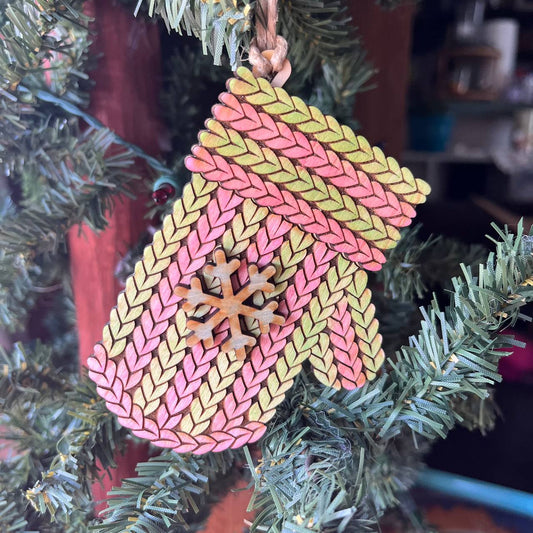 Knitted Mitten Christmas Ornament – 3.5" Tall Layered Wood Ornament with Faux Knit Texture and Snowflake Accent