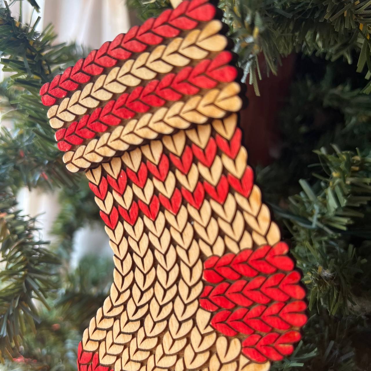 Knitted Stocking Ornament – 4" Tall Layered Wood Christmas Tree Decoration – Faux Yarn Holiday Stocking Design