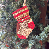 Knitted Stocking Ornament – 4" Tall Layered Wood Christmas Tree Decoration – Faux Yarn Holiday Stocking Design