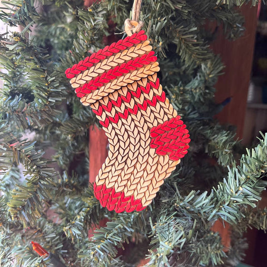 Knitted Stocking Ornament – 4" Tall Layered Wood Christmas Tree Decoration – Faux Yarn Holiday Stocking Design