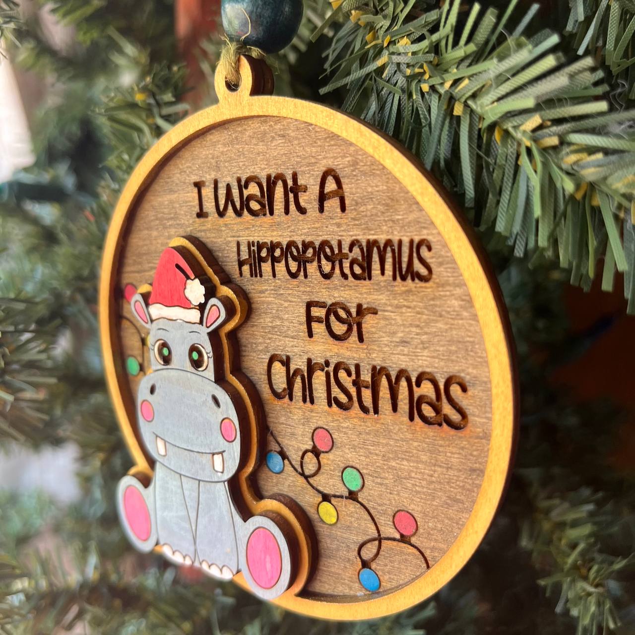 “I Want a Hippopotamus for Christmas” Ornament – 3.5" Round Cute Layered Wood Holiday Ornament with Hippo and Lights