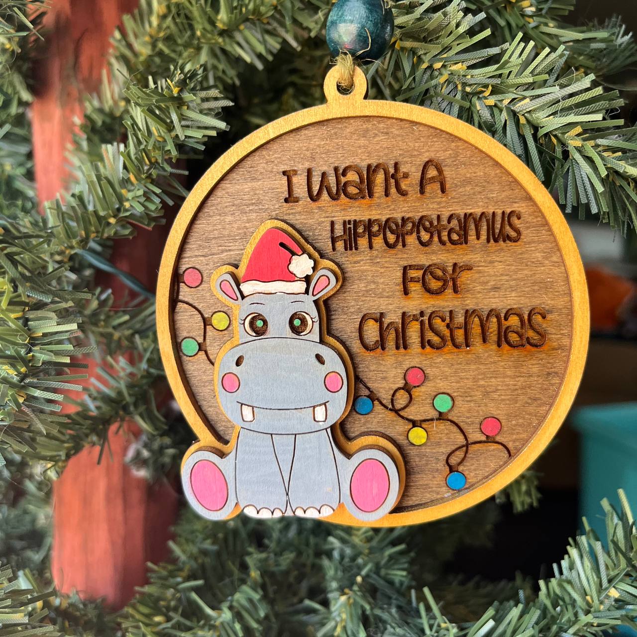 “I Want a Hippopotamus for Christmas” Ornament – 3.5" Round Cute Layered Wood Holiday Ornament with Hippo and Lights
