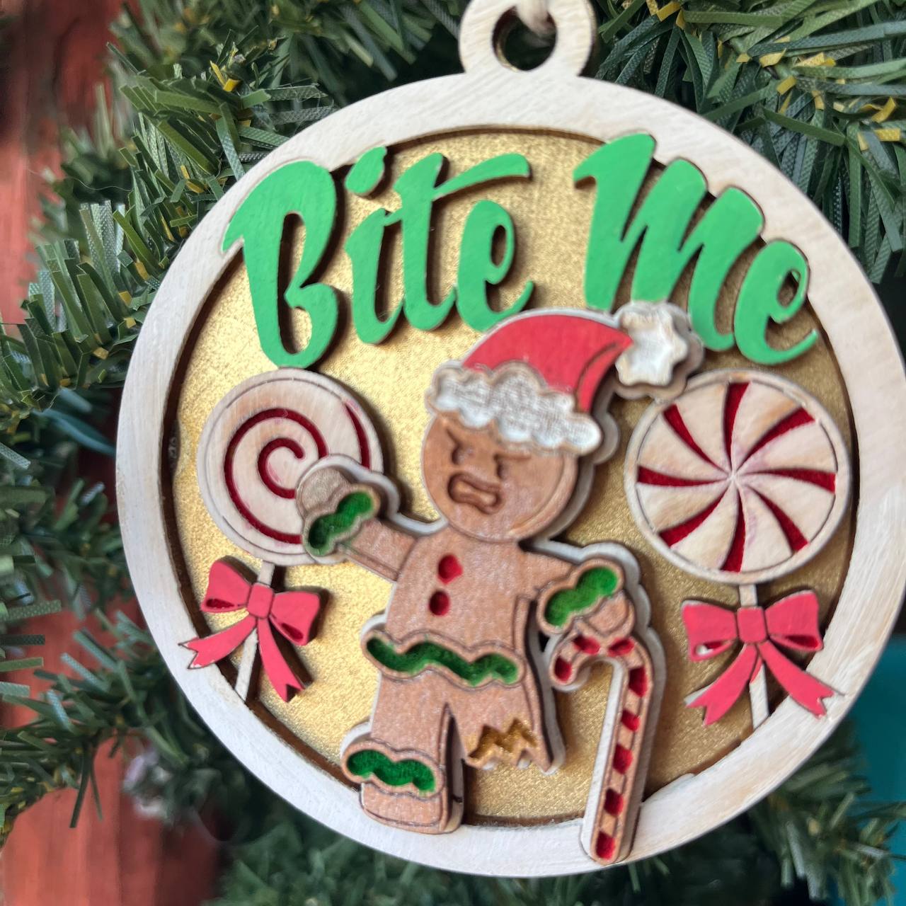 “Bite Me” Gingerbread Ornament – 3.25" Round Layered Wood Funny Christmas Tree Decor – Sassy Holiday Ornament